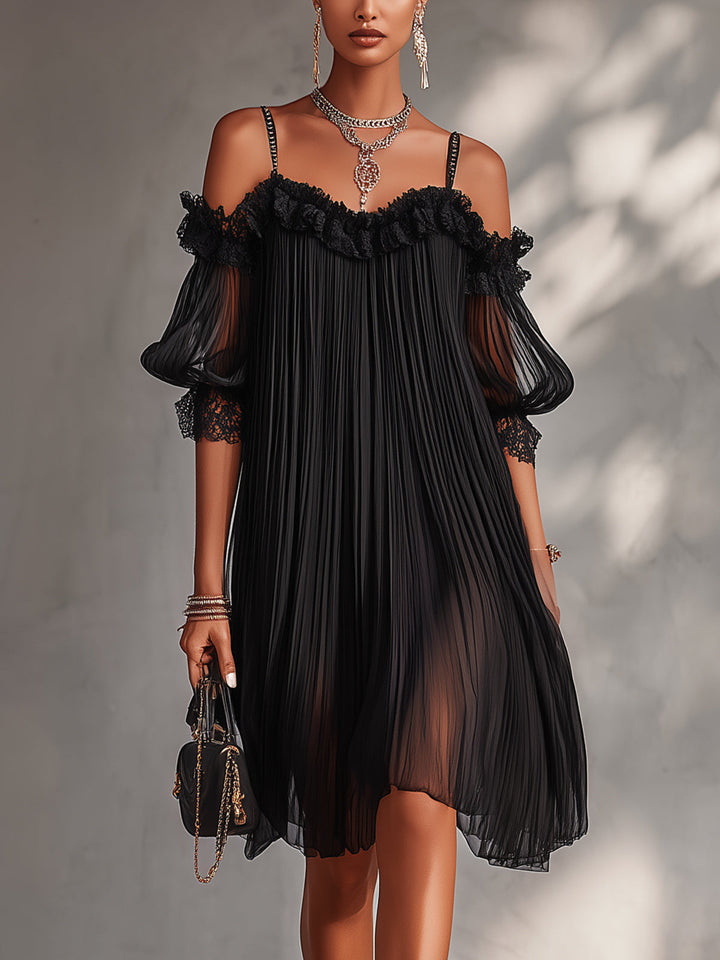 Casa Marbella™ | Vestido Mini Vittoria Negro de Muselina con Hombros Descubiertos y Encaje