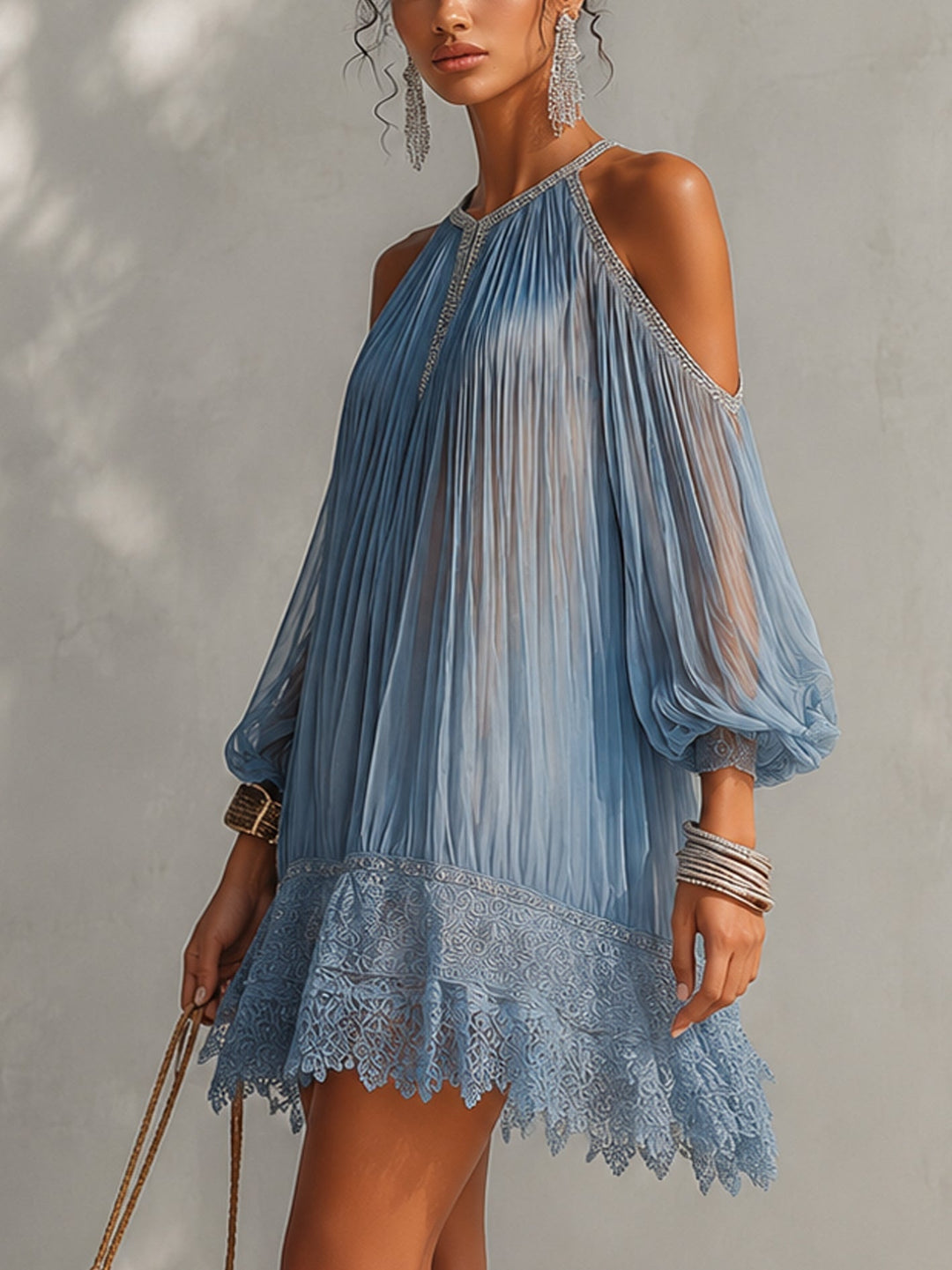 Casa Marbella™ | Vestido Mini Lea Azul con Hombros Descubiertos