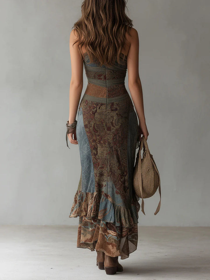 Casa Marbella™ | Vestido Maxi Elena de Un Hombro con Estampado, Volantes y Abertura