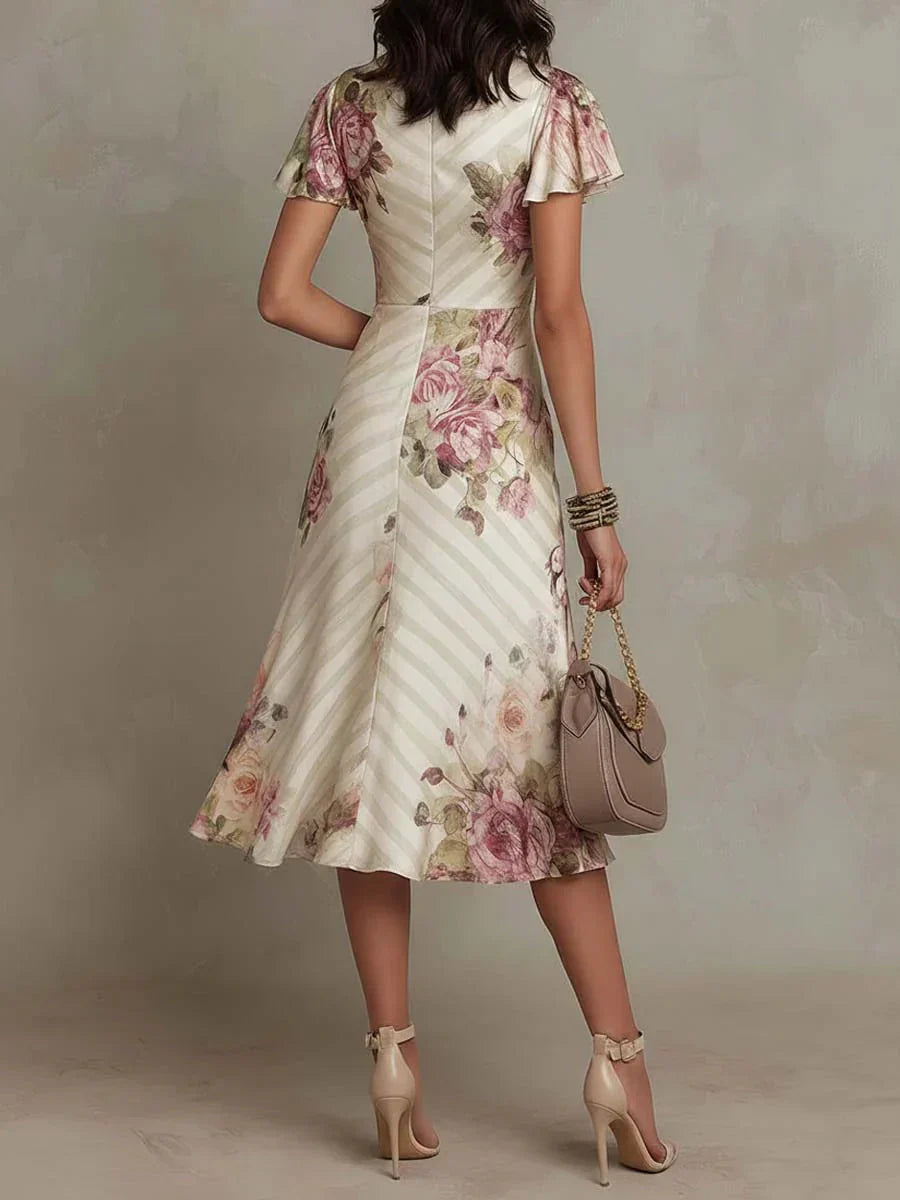 Casa Marbella™ | Vestido Midi Alba Elegante con Frunces Florales