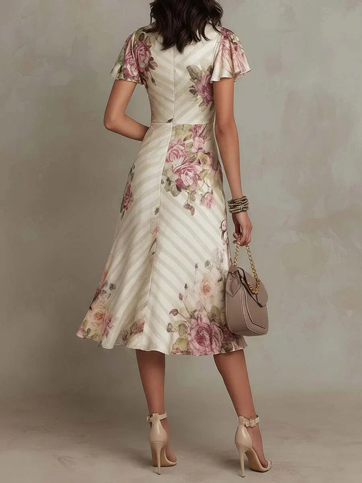 Casa Marbella™ | Vestido Midi Alba Elegante con Frunces Florales
