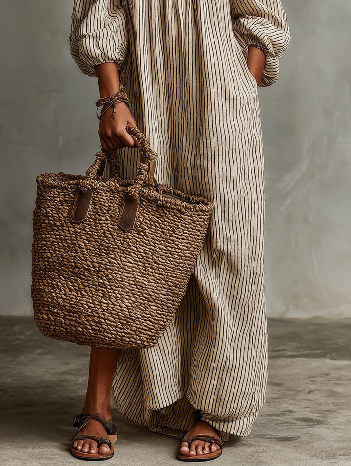 Casa Marbella™ | Vestido Largo Carmen de Algodón y Lino con Escote Bardot