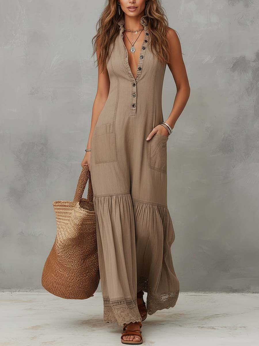 Casa Marbella™ | Vestido Largo Ágata Boho con Botones y Bajo de Encaje