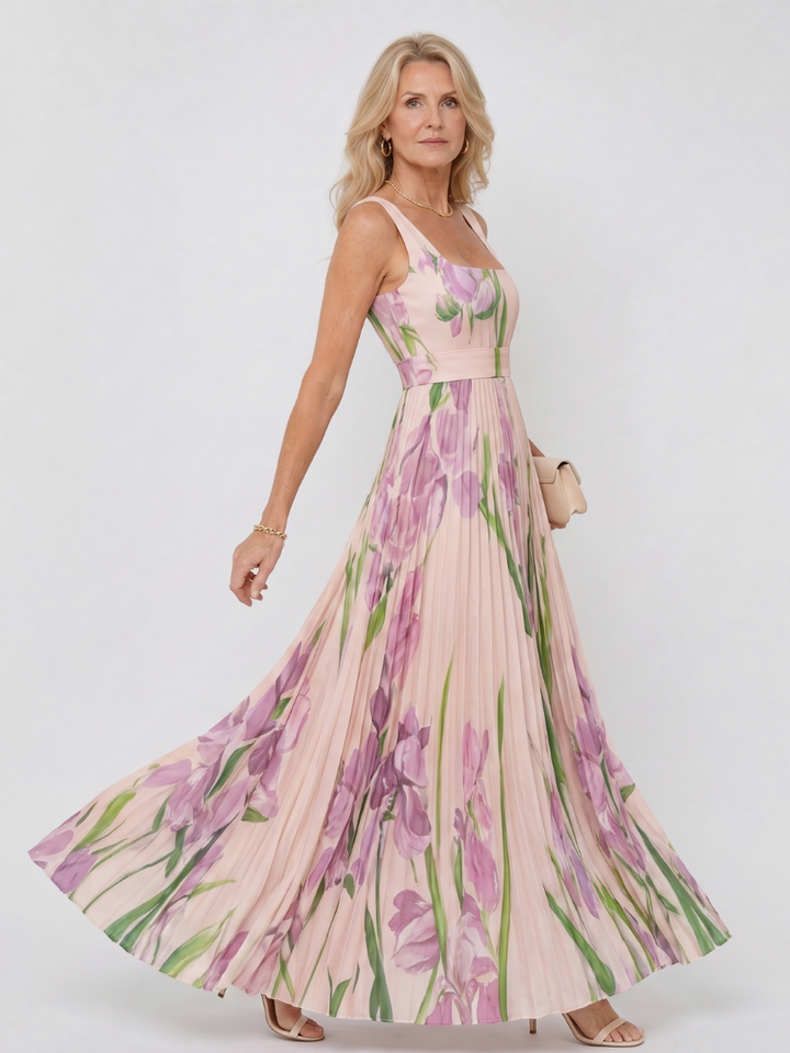 Casa Marbella™ | Vestido Midi de Satén Sin Mangas con Escote Cuadrado y Pliegues Elegantes