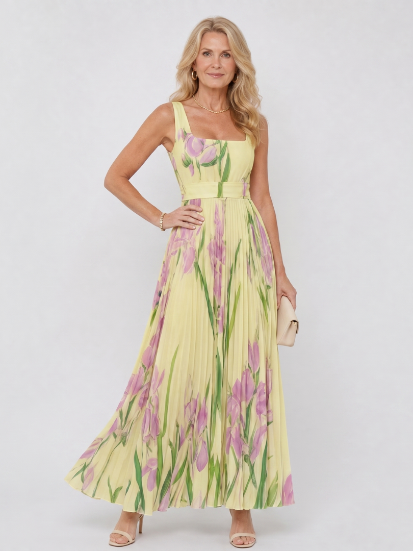 Casa Marbella™ | Vestido Midi de Satén Sin Mangas con Escote Cuadrado y Pliegues Elegantes