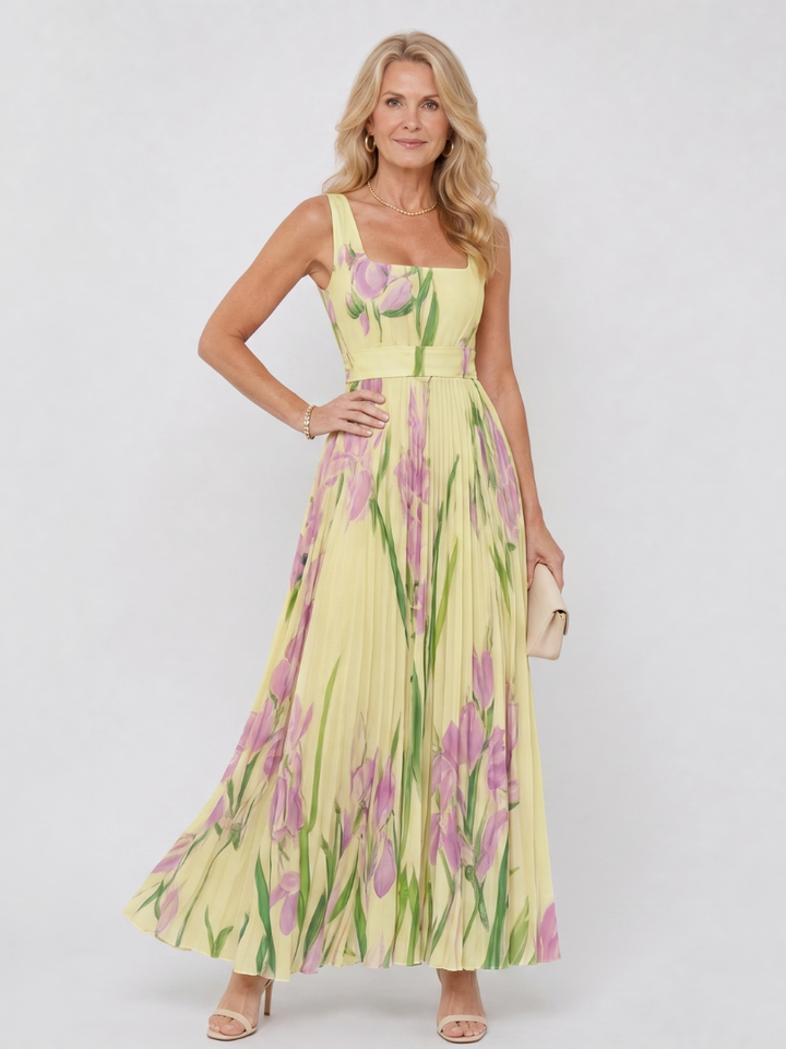 Casa Marbella™ | Vestido Midi de Satén Sin Mangas con Escote Cuadrado y Pliegues Elegantes