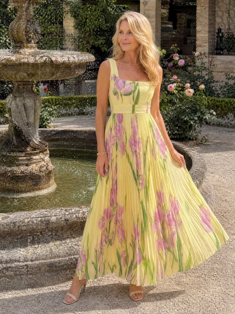 Casa Marbella™ | Vestido Midi de Satén Sin Mangas con Escote Cuadrado y Pliegues Elegantes