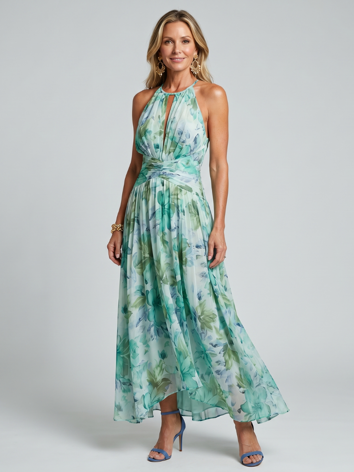 Casa Marbella™ | Vestido Midi Portia de Crepé Plisado con Cuello Halter y Estampado Floral
