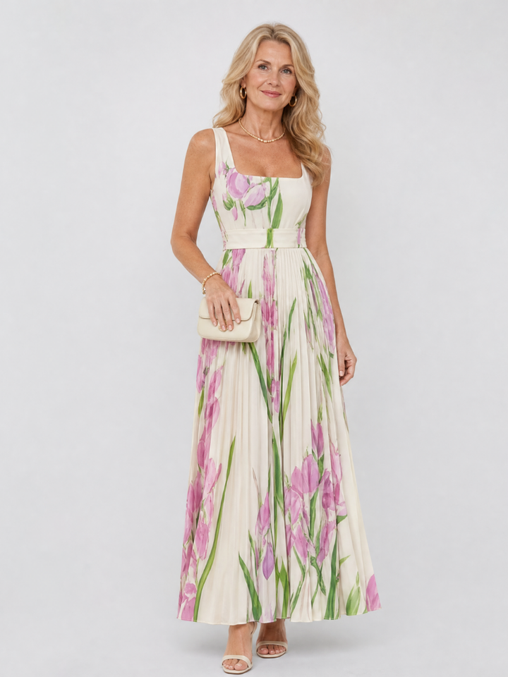 Casa Marbella™ | Vestido Midi de Satén Sin Mangas con Escote Cuadrado y Pliegues Elegantes