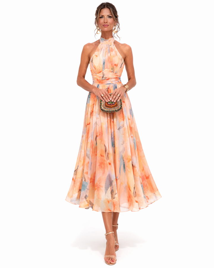 Casa Marbella™ | Vestido Aurora con Cuello Halter y Estampado Acuarela