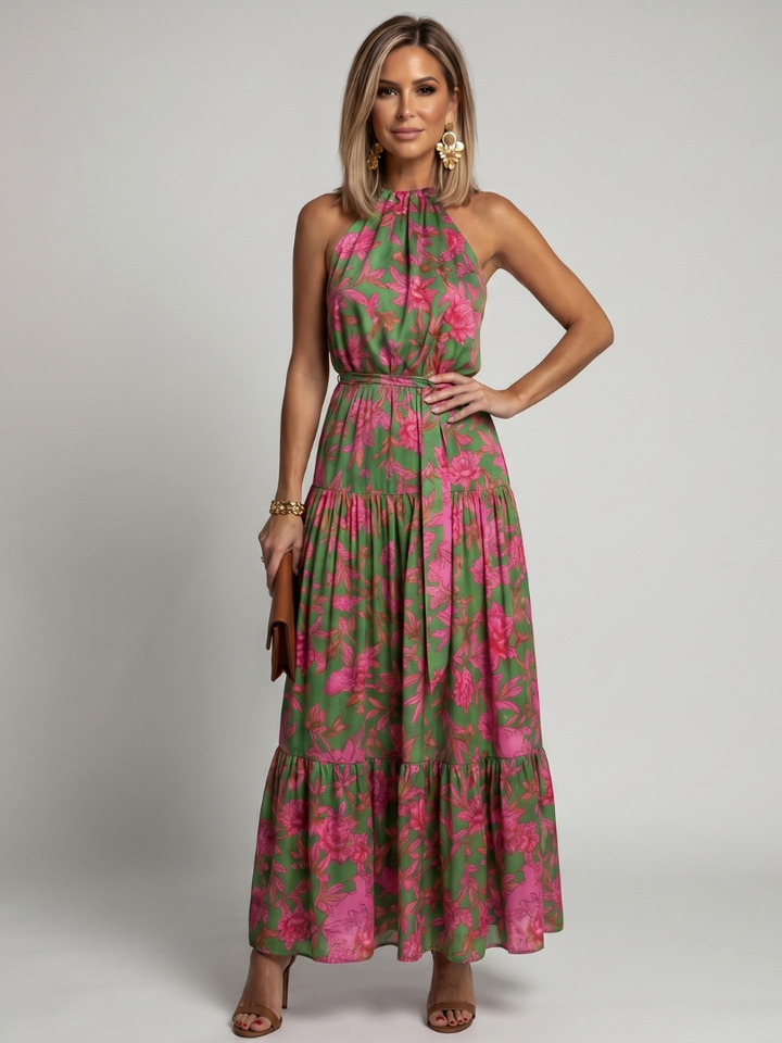 Casa Marbella™ | Vestido Midi Rosa Drapeado con Elegante Cuello Halter