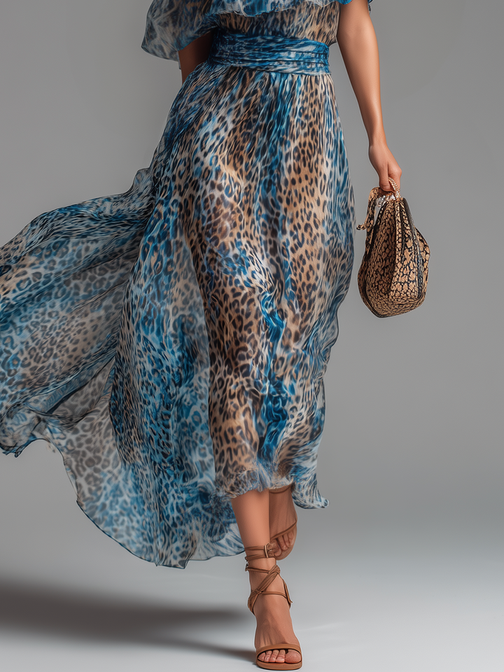Casa Marbella™ | Vestido Maxi Salvaje de Gasa con Estampado de Leopardo y Hombros Descubiertos