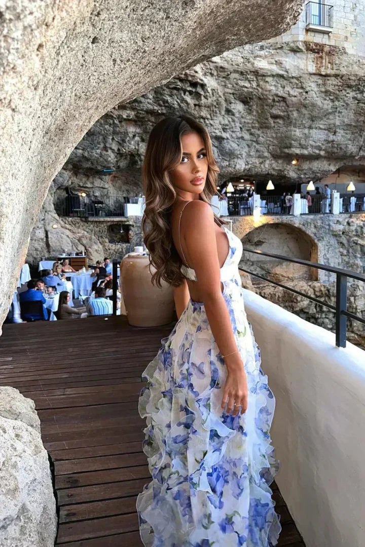 Casa Marbella™ | Vestido Midi Uri con Estampado Floral y Volantes