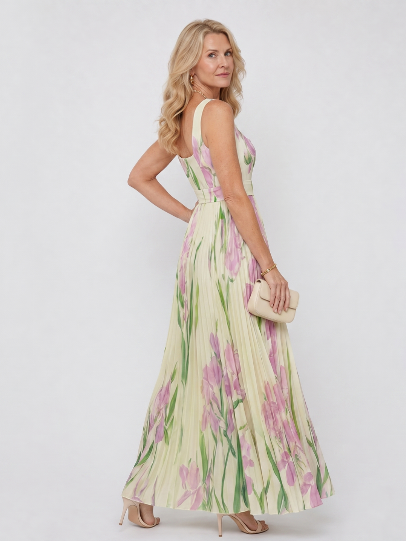 Casa Marbella™ | Vestido Midi de Satén Sin Mangas con Escote Cuadrado y Pliegues Elegantes