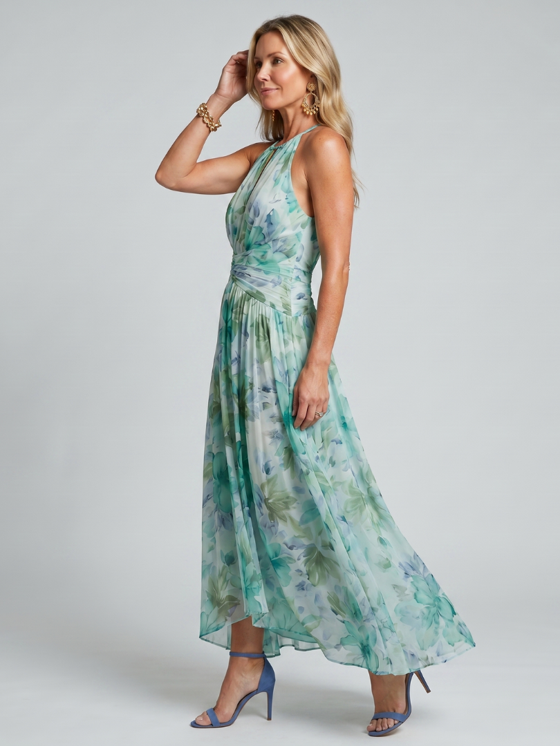 Casa Marbella™ | Vestido Midi Portia de Crepé Plisado con Cuello Halter y Estampado Floral