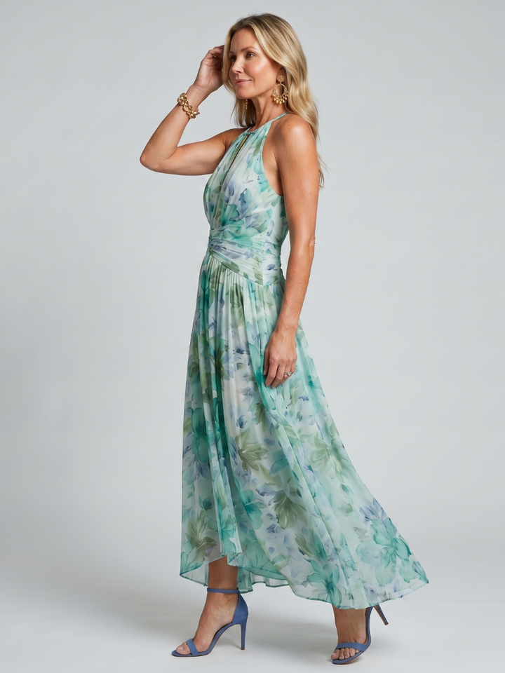 Casa Marbella™ | Vestido Midi Portia de Crepé Plisado con Cuello Halter y Estampado Floral