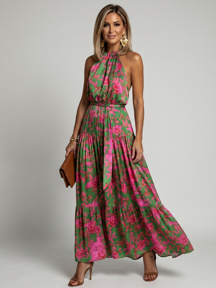 Casa Marbella™ | Vestido midi drapeado en rosa con escote halter elegante