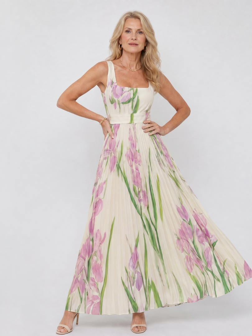 Casa Marbella™ | Vestido Sin Mangas de Satén con Escote Cuadrado y Pliegues Elegantes