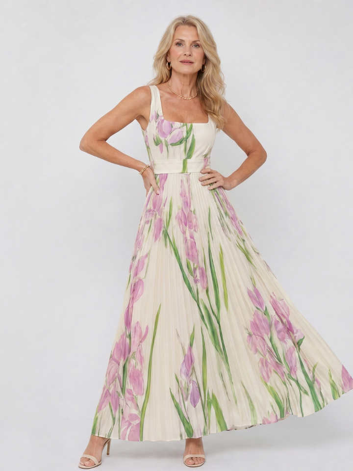 Casa Marbella™ | Vestido Sin Mangas de Satén con Escote Cuadrado y Pliegues Elegantes