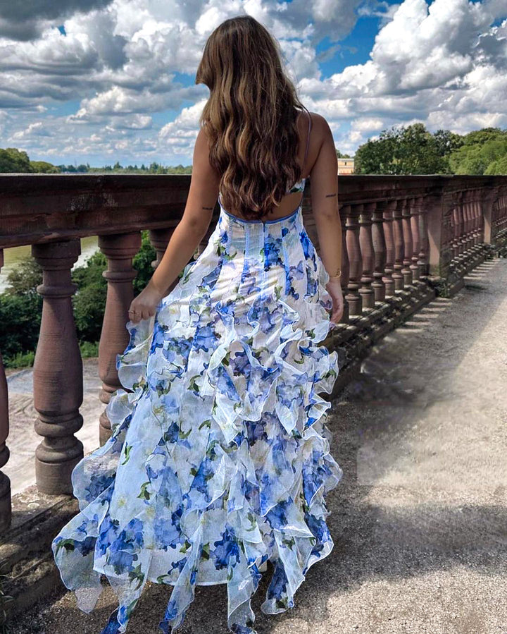 Casa Marbella™ | Vestido Midi Uri con Estampado Floral y Volantes
