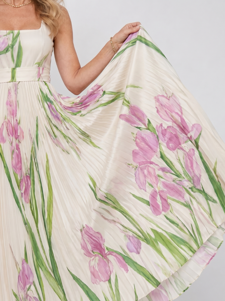 Casa Marbella™ | Vestido Midi de Satén Sin Mangas con Escote Cuadrado y Pliegues Elegantes