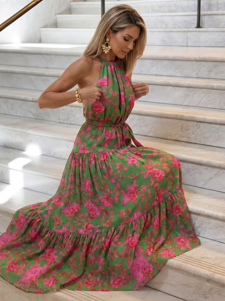 Casa Marbella™ | Vestido Midi Rosa Drapeado con Elegante Cuello Halter