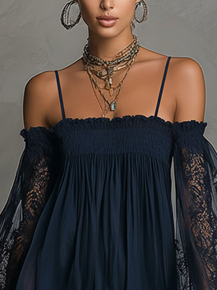 Casa Marbella™ | Vestido Mini Noemi de Gasa Azul Marino con Hombros Descubiertos y Encaje