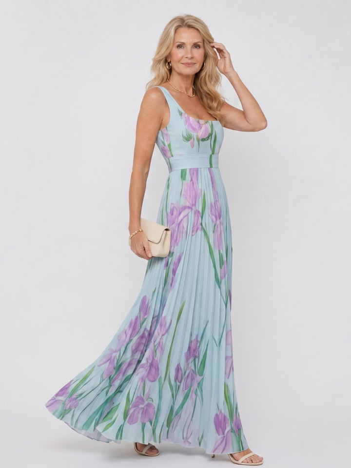 Casa Marbella™ | Vestido Midi de Satén Sin Mangas con Escote Cuadrado y Pliegues Elegantes