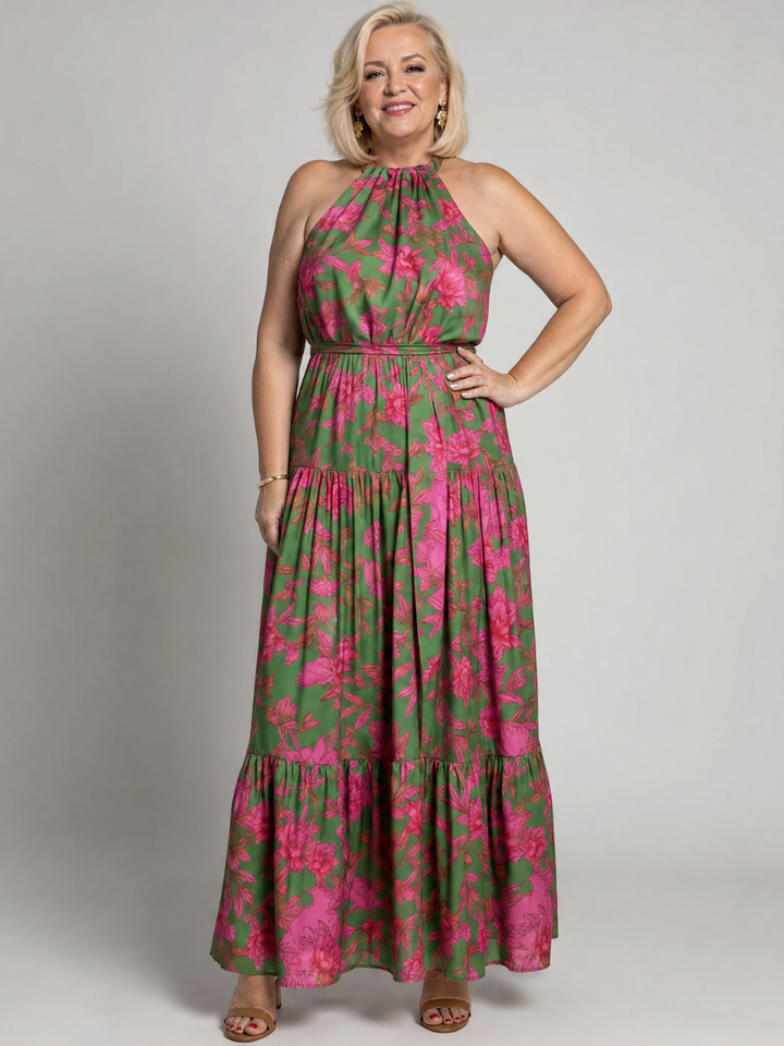 Casa Marbella™ | Vestido midi drapeado en rosa con escote halter elegante