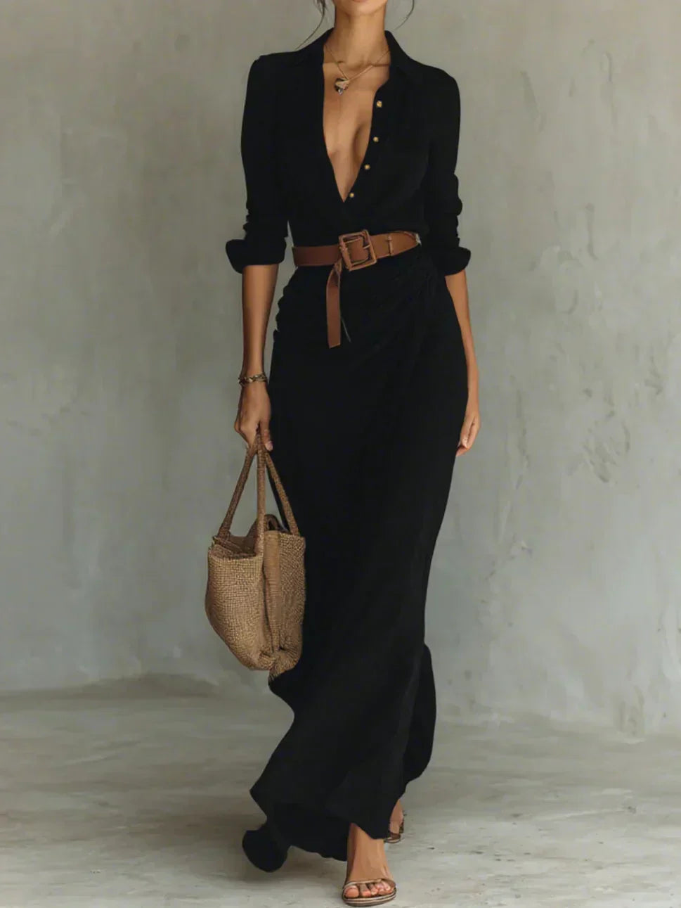 Casa Marbella™ | Vestido Maxi Camille con Solapa y Cintura Alta