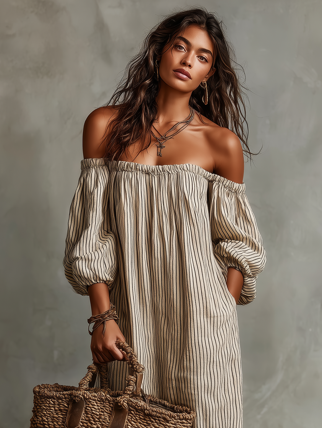 Casa Marbella™ | Vestido Largo Carmen de Algodón y Lino con Escote Bardot