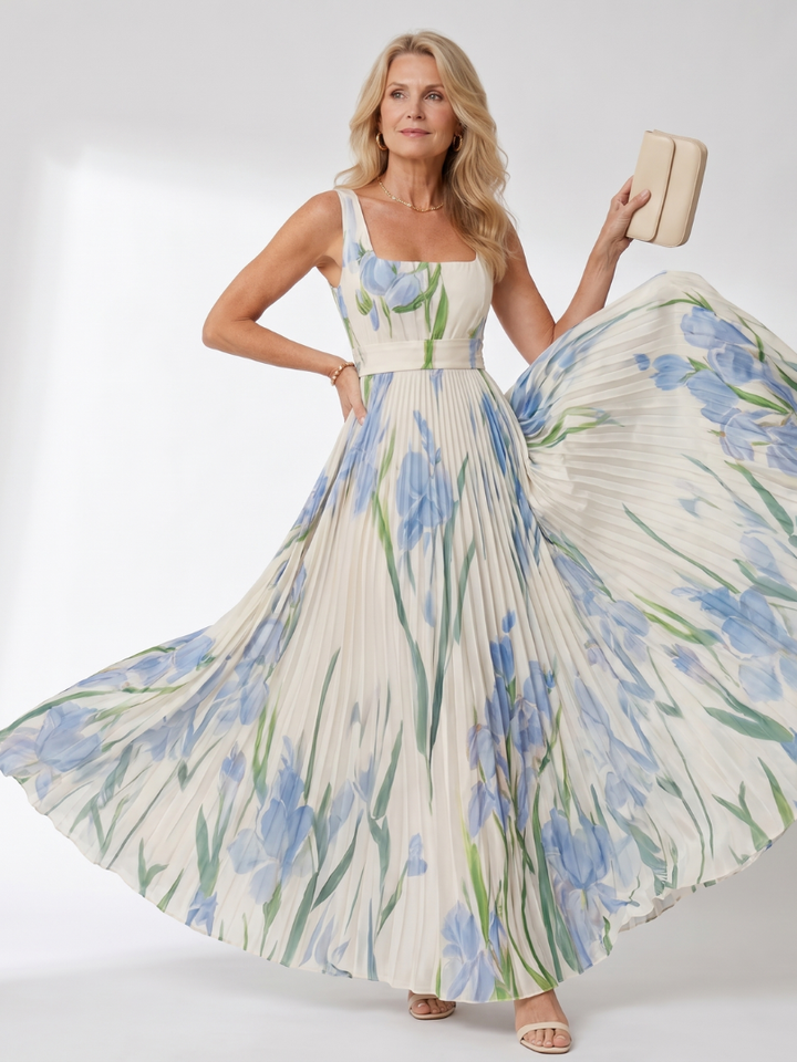 Casa Marbella™ | Vestido Midi de Satén Sin Mangas con Escote Cuadrado y Pliegues Elegantes