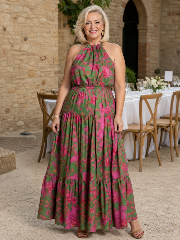 Casa Marbella™ | Vestido Midi Rosa Drapeado con Elegante Cuello Halter