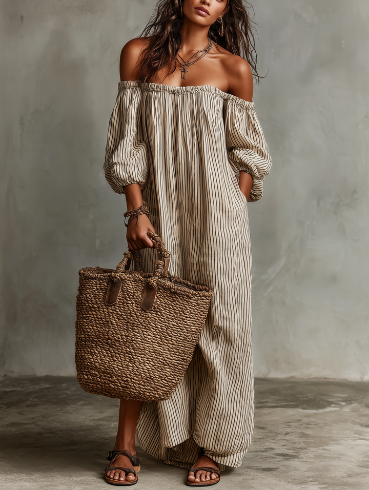 Casa Marbella™ | Vestido Largo Carmen de Algodón y Lino con Escote Bardot