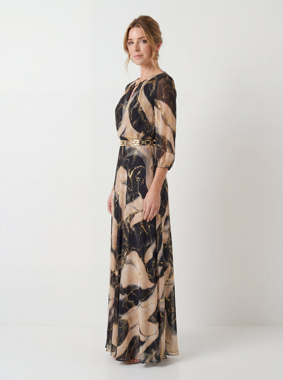 Casa Marbella™ | Vestido de Gasa Estampada de Elegancia Sofisticada