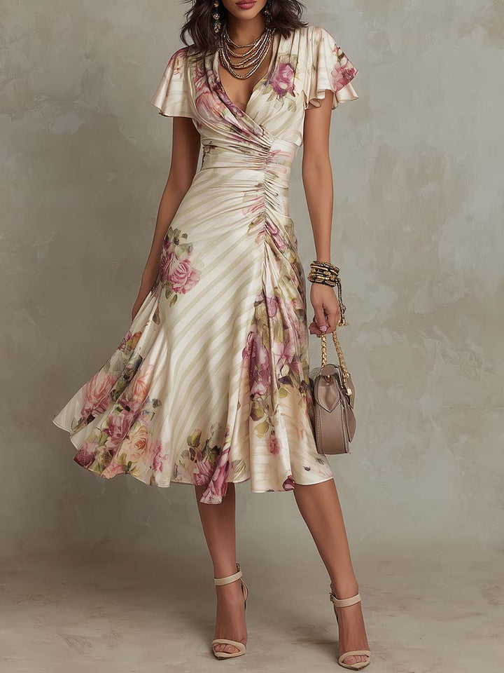 Casa Marbella™ | Vestido Midi Alba Elegante con Frunces Florales