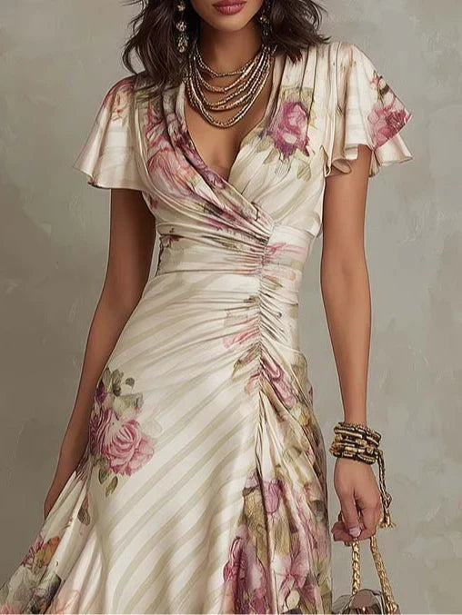 Casa Marbella™ | Vestido Midi Alba Elegante con Frunces Florales