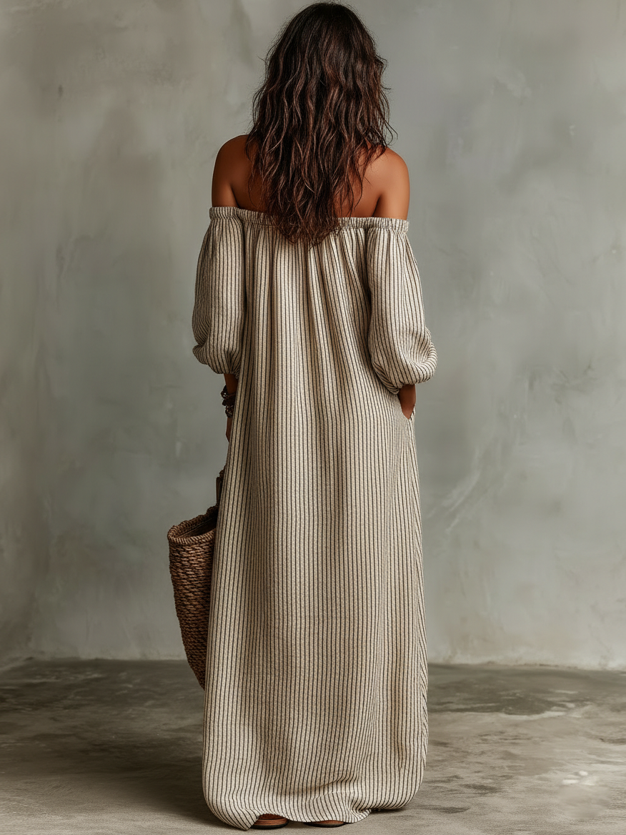 Casa Marbella™ | Vestido Largo Carmen de Algodón y Lino con Escote Bardot