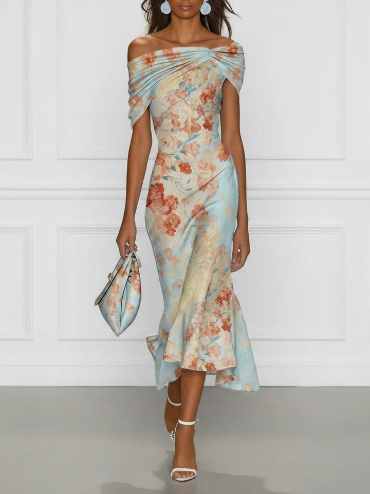 Casa Marbella™ | Vestido Midi Vittoria de Corte Sirena con Hombros Descubiertos y Estampado Floral Azul