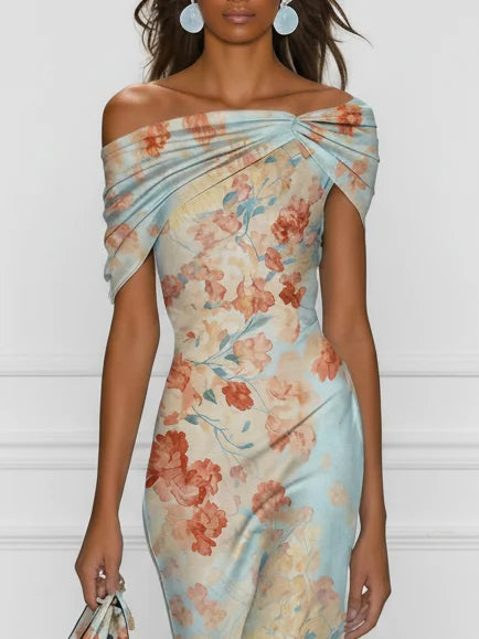 Casa Marbella™ | Vestido Midi Vittoria de Corte Sirena con Hombros Descubiertos y Estampado Floral Azul