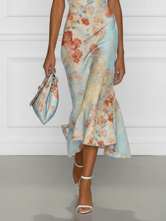 Casa Marbella™ | Vestido Midi Vittoria de Corte Sirena con Hombros Descubiertos y Estampado Floral Azul