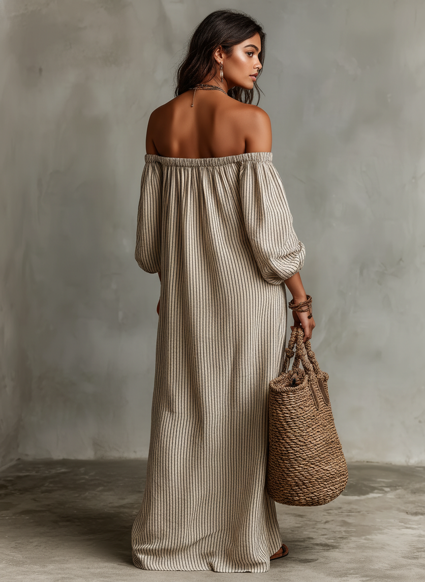 Casa Marbella™ | Vestido Largo Carmen de Algodón y Lino con Escote Bardot
