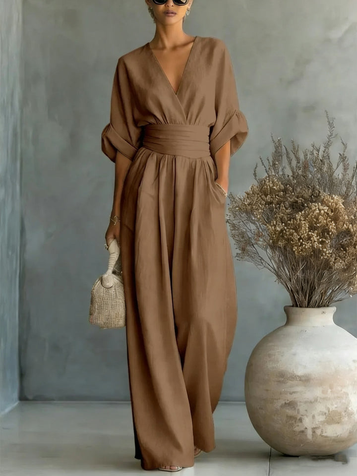 Casa Marbella™ | Vestido Elegante con Escote en V, Espalda Descubierta y Mangas Fluidas