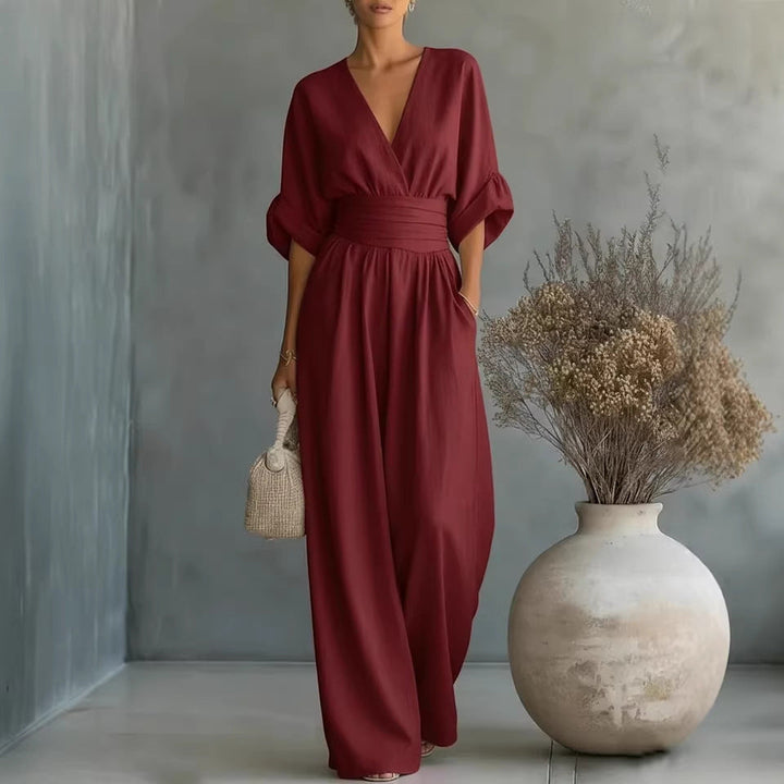 Casa Marbella™ | Vestido Elegante con Escote en V, Espalda Descubierta y Mangas Fluidas