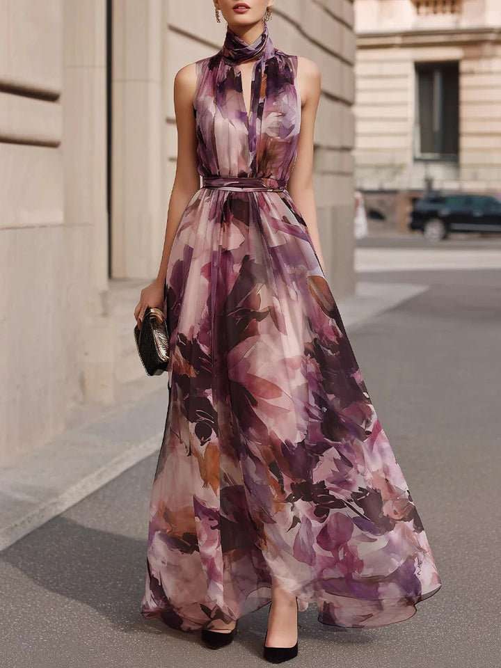 Casa Marbella™ | Vestido Maxi Floral con Cuello de Lazo y Cinturón