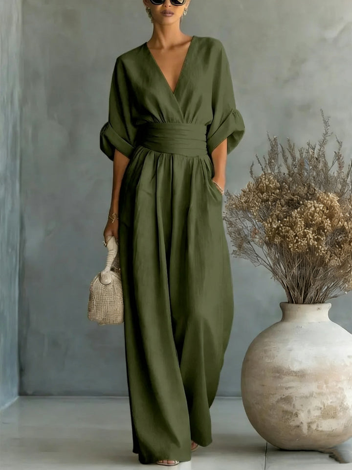 Casa Marbella™ | Vestido Elegante con Escote en V, Espalda Descubierta y Mangas Fluidas