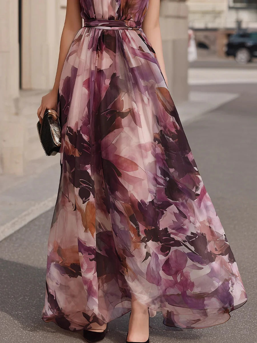 Casa Marbella™ | Vestido Maxi Floral con Cuello de Lazo y Cinturón
