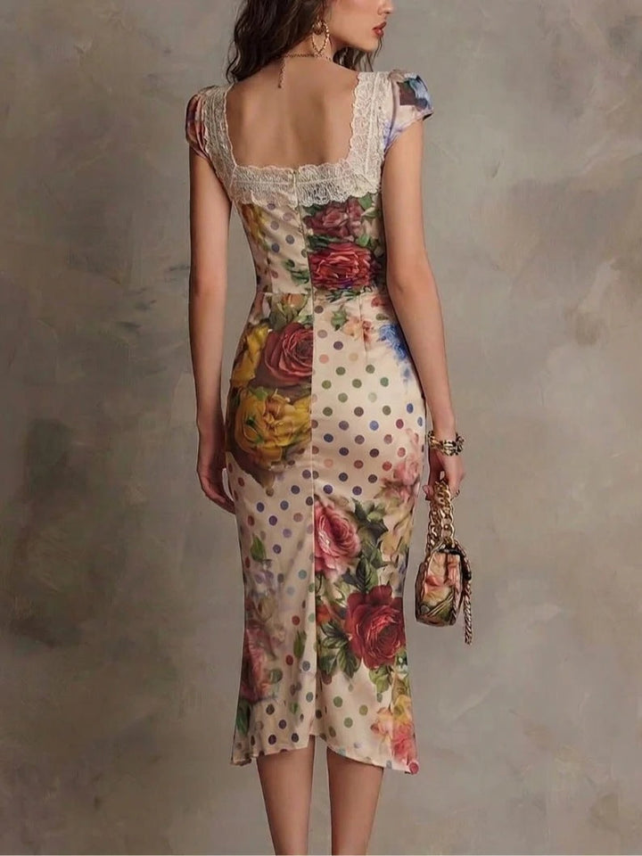 Casa Marbella™ | Vestido Midi Bodycon Fruncido con Encaje y Estampado Mixto