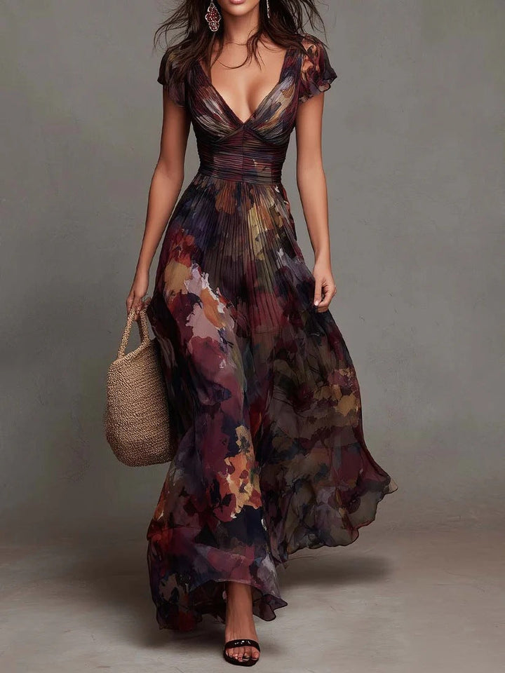 Casa Marbella™ | Vestido Maxi Plisado con Escote en V y Estampado Floral Acuarela