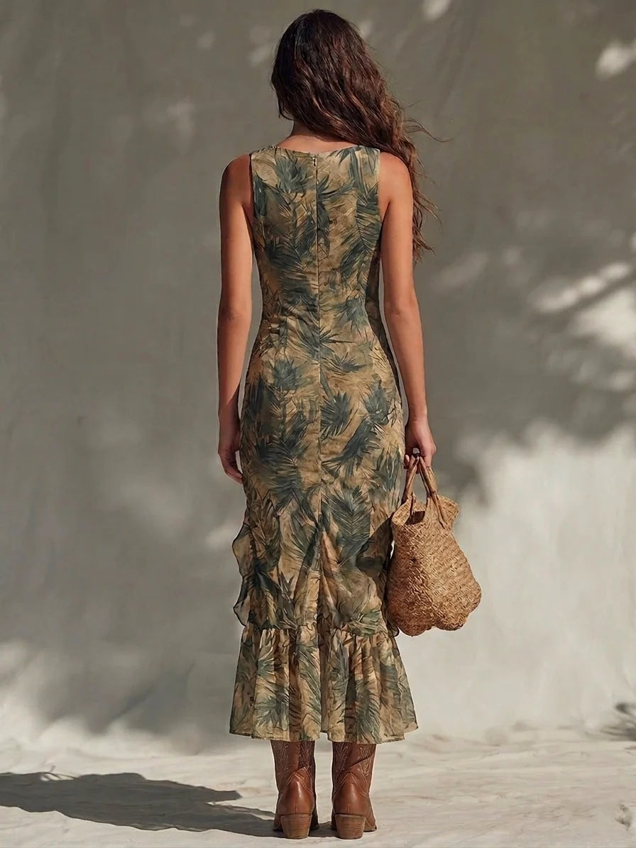Casa Marbella™ | Vestido Maxi con Estampado de Palma y Volantes